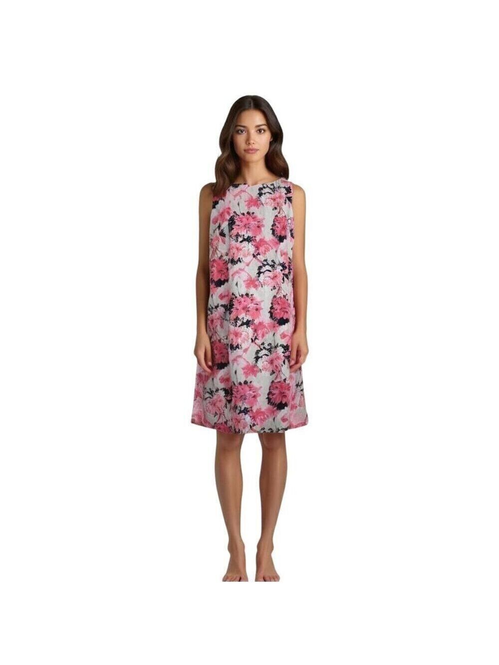 Kim Rogers Pink Floral 100% Linen Sleeveless Summer Dress Plus Size 16